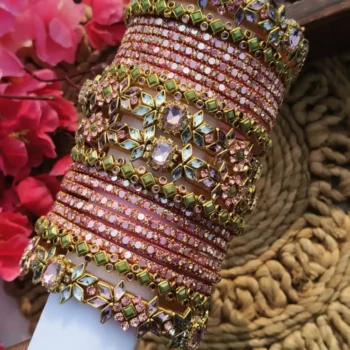 Baby Pink & Pista Colour Stone Bangles Set