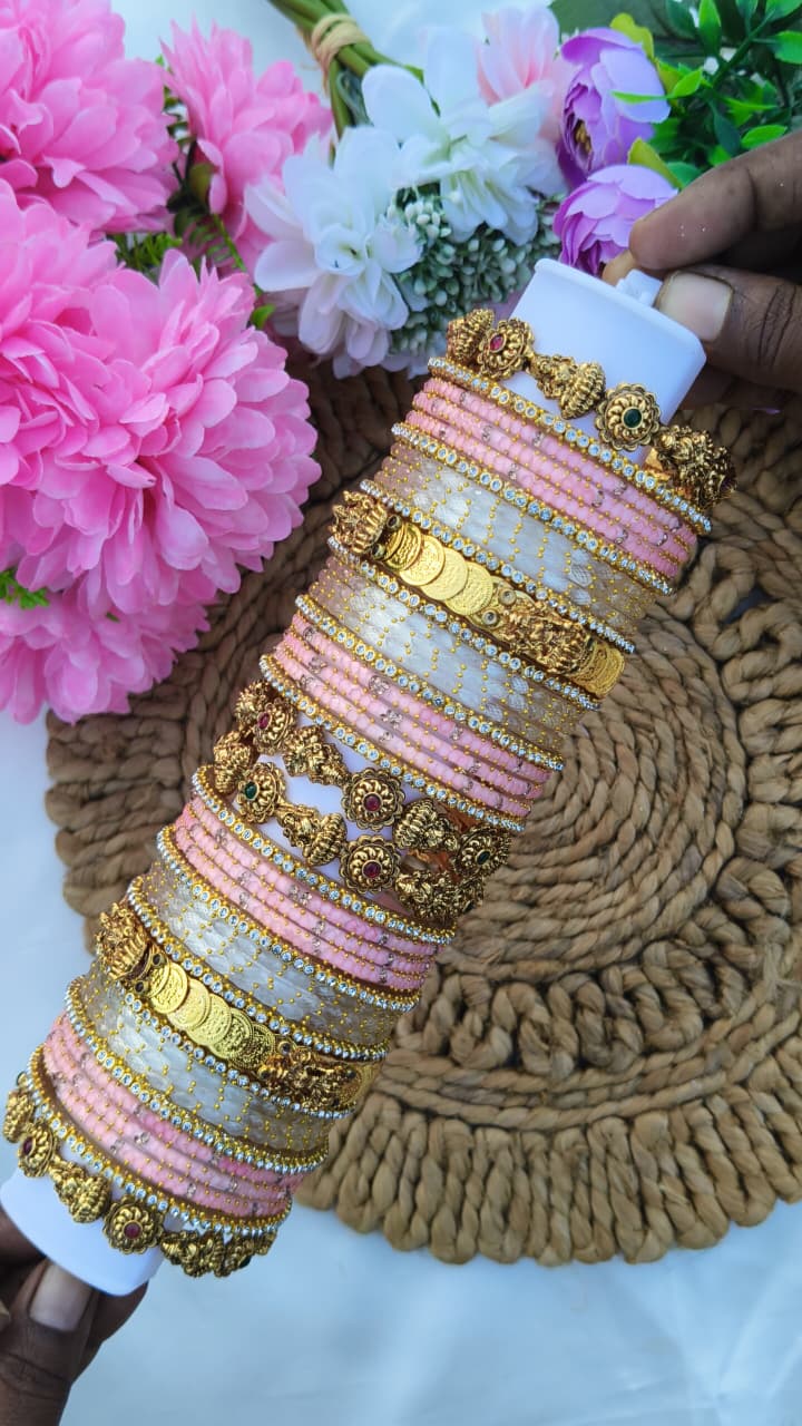 Baby Pink & White Lakshmi Bangles Set