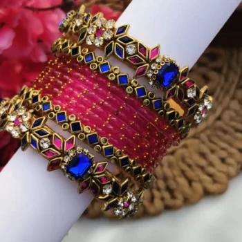 Blue & Rani PinkColour Stone Bangles Set (Single Hand)
