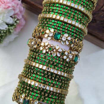 Green Stone Glass Bangles Mixed Set