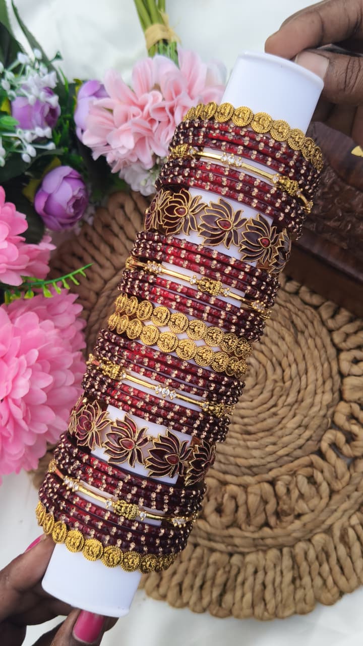 Lakshmi Coin & Lotus Maroon Bangles Set