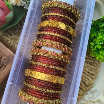 Lotus & Lakshmi Coin  Maroon Bangles Set