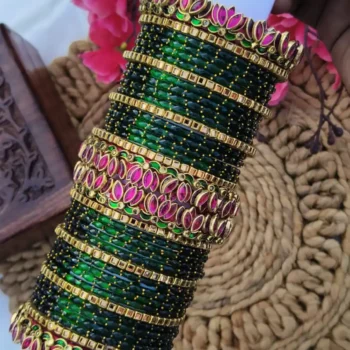Lotus Rani Pink & Dark Green Bangles Set