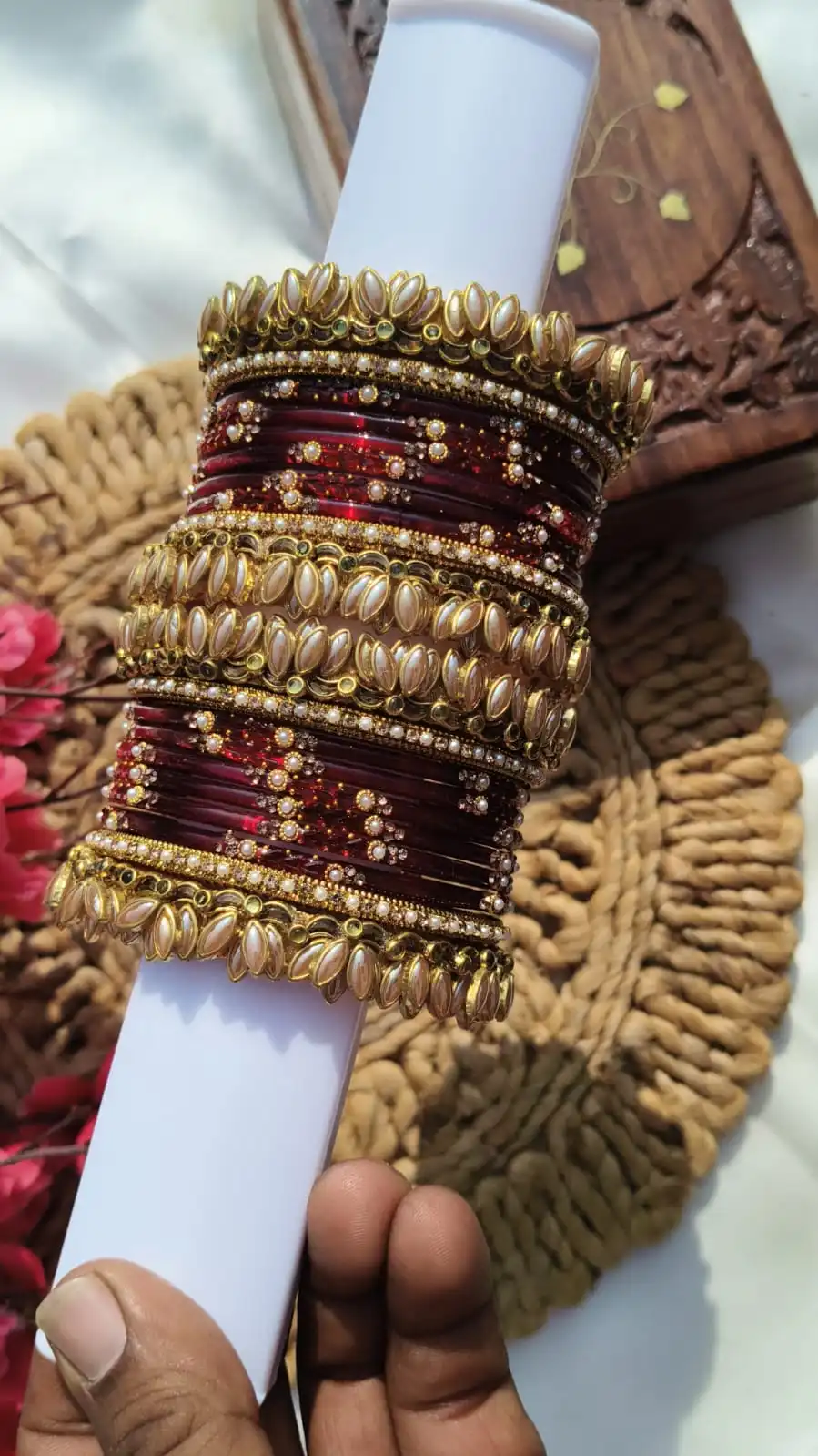 Maroon Lotus Bangles Set