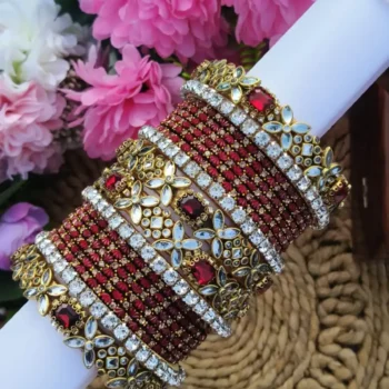 Maroon Stone & Louts Glass Bangles Set