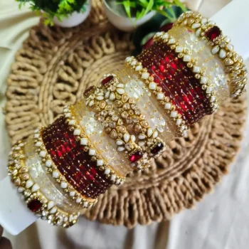 Pearl White & Maroon Stone Glass Bangles