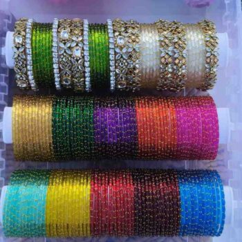 White & Gold side bangles with 12Colour Glass Bangles Set