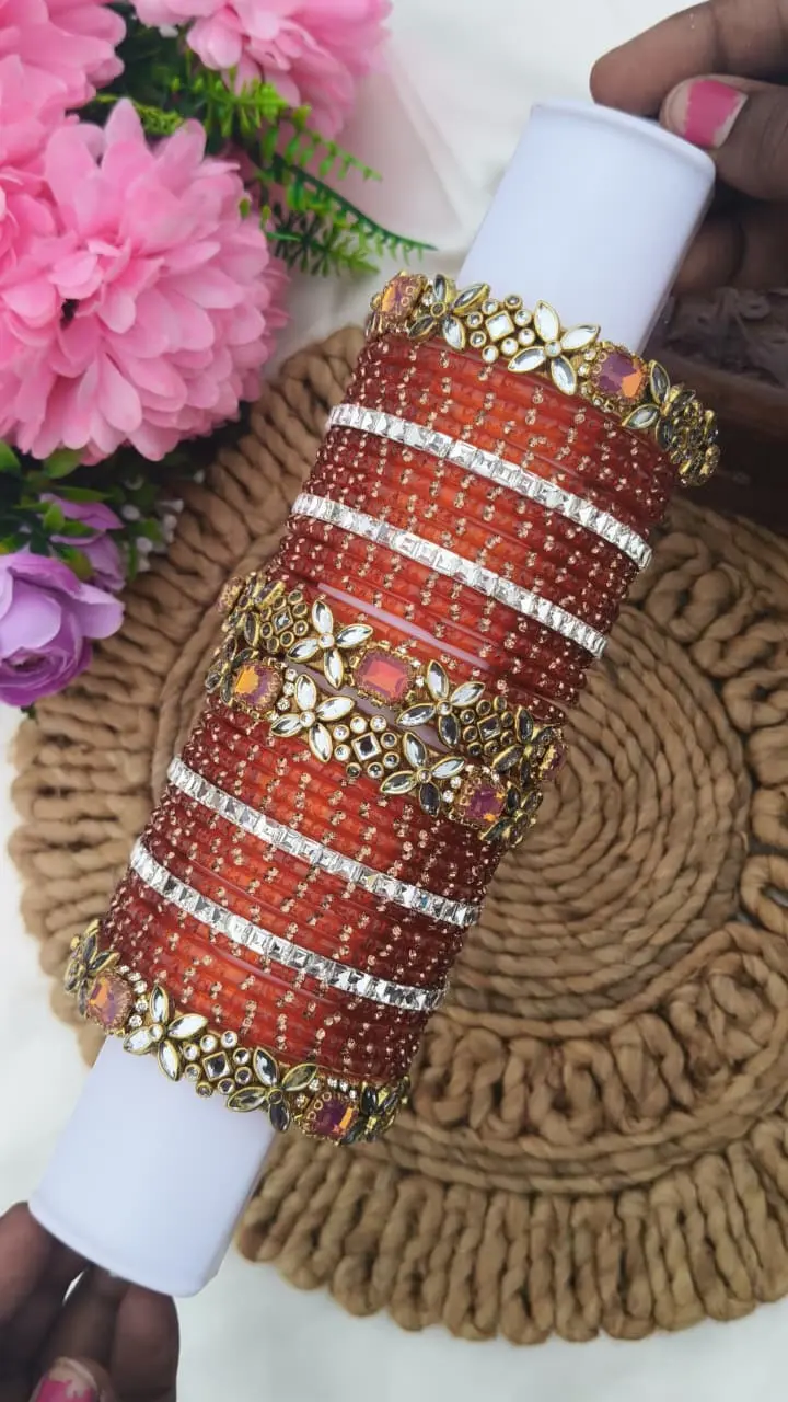 Orange Stone Glass Bangles Mixed Bridal Set