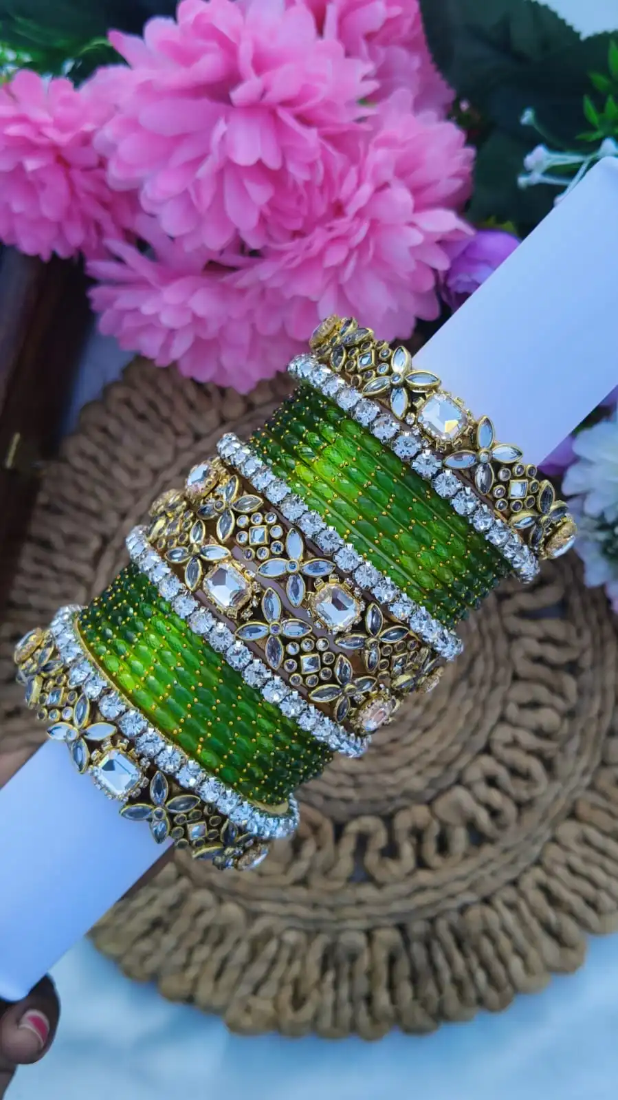 White Stone Glass Bangles Set